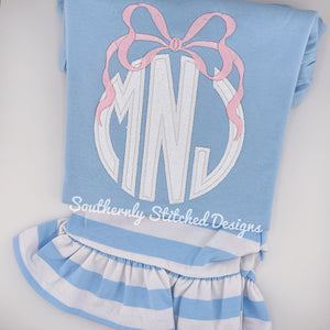 Big Bow Initials + Ice Blue Striped Short Set