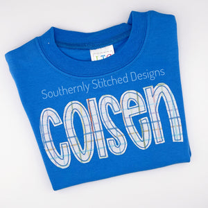 Pastel Grid Name Applique on Blue Shirt