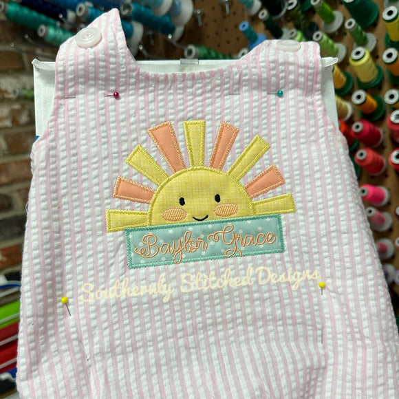 Sunny Day Smile Applique on Pink Seersucker Bubble
