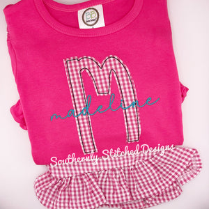 Initial w Cursive Name + Pink Gingham Short Set