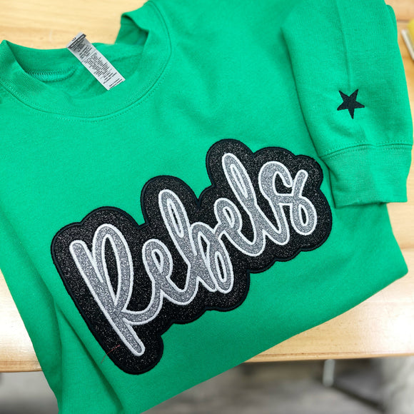 Rebels Glitter Plate with Star on sleeve (on Green Sweatshirt)