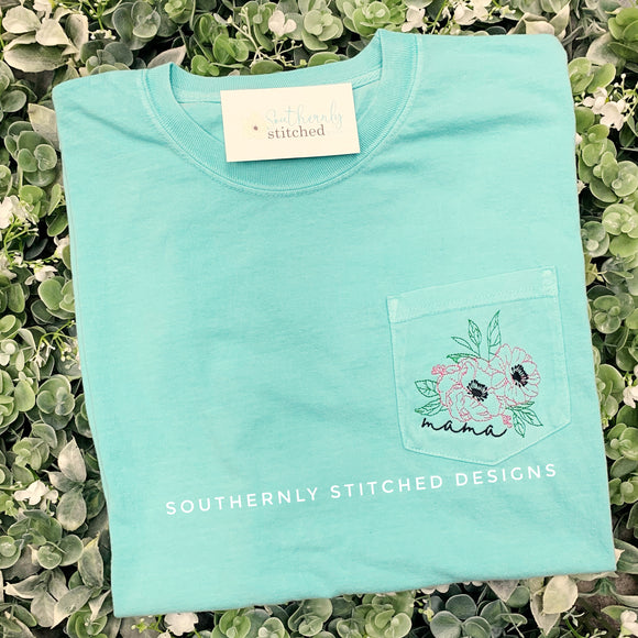 Chalky Mint Mama Floral Stitch Pocket Tee