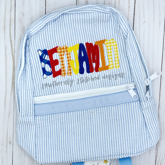 Seersucker Toddler Backpack with Appliqued Name- Primary Colors